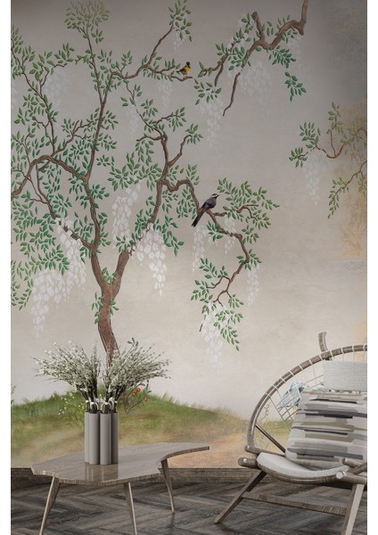 Sulu Boya Göl ve Ağaç Desen Yırtılmaz Sağlıklı Tekstil Duvar Kağıdı