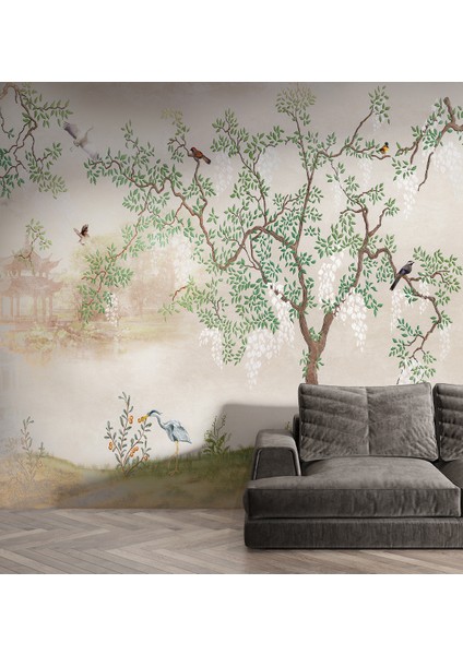 Sulu Boya Göl ve Ağaç Desen Yırtılmaz Sağlıklı Tekstil Duvar Kağıdı fiyatları