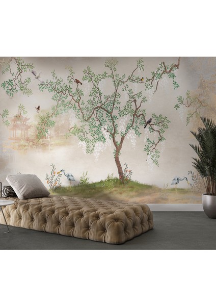 Sulu Boya Göl ve Ağaç Desen Yırtılmaz Sağlıklı Tekstil Duvar Kağıdı modelleri