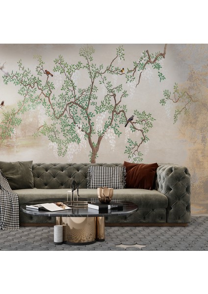 Sulu Boya Göl ve Ağaç Desen Yırtılmaz Sağlıklı Tekstil Duvar Kağıdı fırsatları