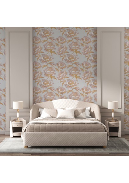 Hardal Sarı Güller Desenli Tek Parça Duvar Kağıdı -Isı ve Ses Yalıtımı Yırtılmaz