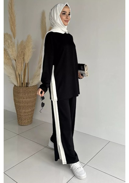 Şerit Desenli Tunik Bel Lastikli Pantolon Tesettür Ikili Takım P-00018892