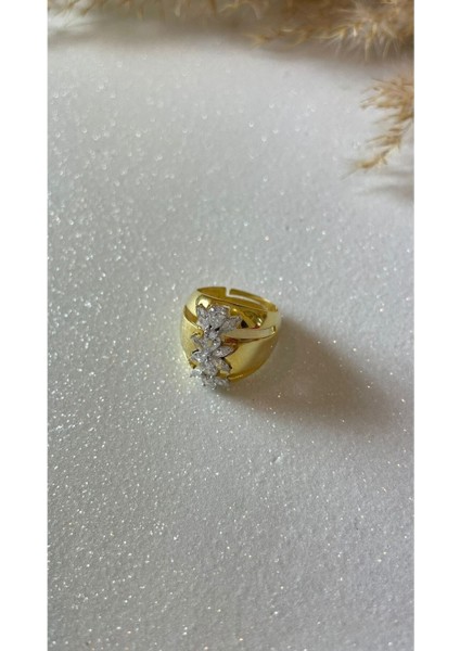 Ayarlanabilir Altın Kaplama Bombeli Çiçek Figürlü Taşlı 925 Ayar Gümüş Yüzük fiyatları