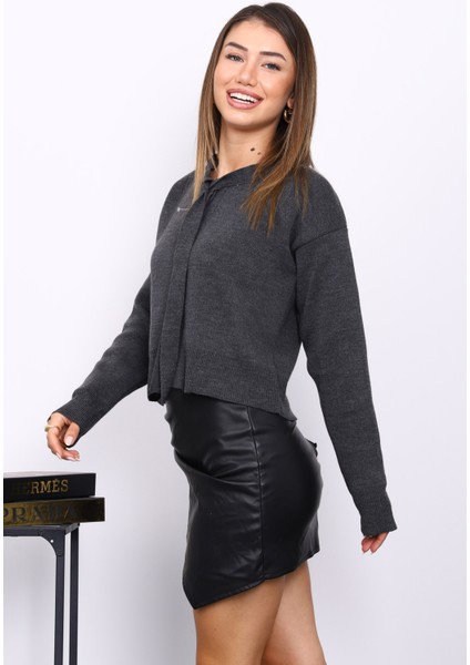 Antrasit Yaka Bağlamalı Düğmeli Triko Hırka modelleri
