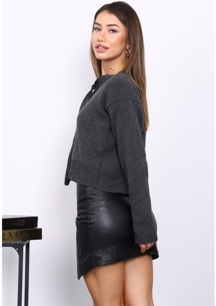 Antrasit Yaka Bağlamalı Düğmeli Triko Hırka fırsatları