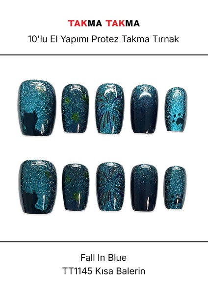 10'lu Mavi Kısa Balerin TT1145 Tekrar Kullanılabilir El Yapımı Protez Takma Tırnak - Mavi-M