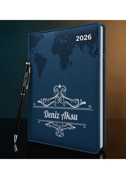 Kişiye Özel Isimli Termo Sert Kapak 2026 Lacivert Ajanda & Kalem -2, Öğretmenler Günü Hediyesi, Yeni Iş Hediyesi