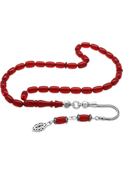 925 Ayar Gümüş Püsküllü Kapsül Kesim Mini Boy Bayrak Kırmızı Ateş Kehribar Tesbih