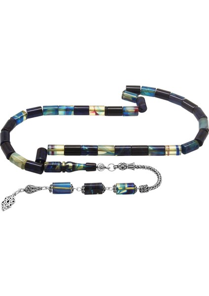 925 Ayar Gümüş Püsküllü Kesme Kesim Mavi Beyaz Ateş Kehribar Tesbih