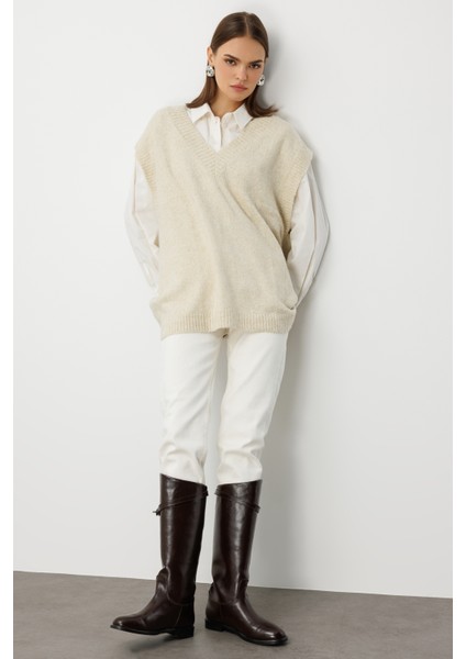 Ekstra Oversize V Yaka Uzun Krem Rengi Süveter indirimleri