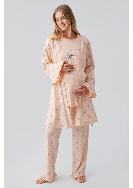 Uzun Kollu Desenli Esnek Pamuklu Hamile Sabahlık Pijama Takım 18300