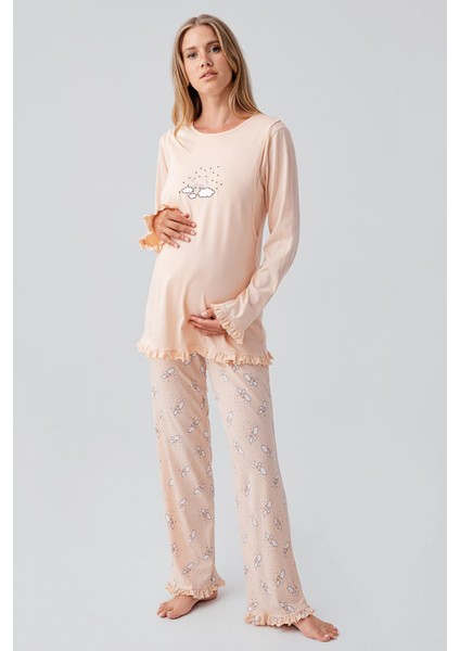 Uzun Kollu Desenli Esnek Pamuklu Hamile Sabahlık Pijama Takım 18300 fiyatları