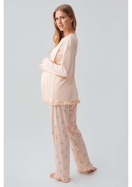 Uzun Kollu Desenli Esnek Pamuklu Hamile Sabahlık Pijama Takım 18300 fırsatları