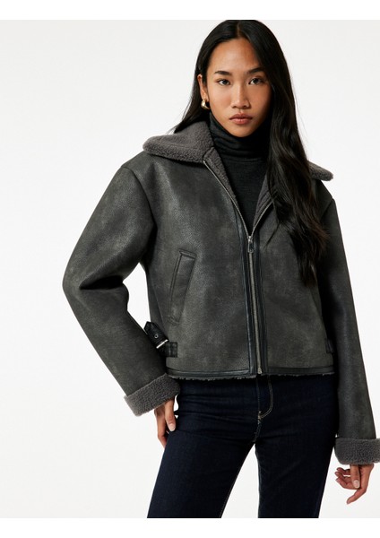 Uzun Kollu Fermuarlı Crop Peluş Yaka Süet Görünümlü Biker Ceket fiyatları