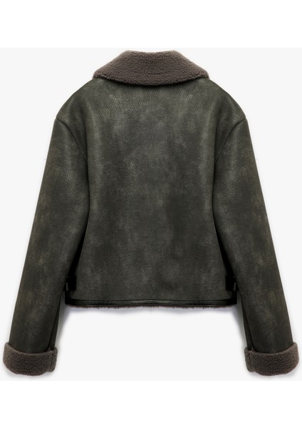 Uzun Kollu Fermuarlı Crop Peluş Yaka Süet Görünümlü Biker Ceket fırsatları