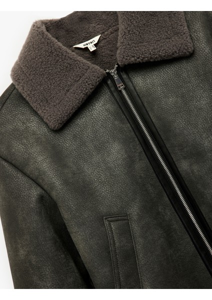 Uzun Kollu Fermuarlı Crop Peluş Yaka Süet Görünümlü Biker Ceket indirimleri