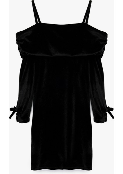 Fiyonklu Uzun Kollu Düşük Omuz Detaylı Askılı Kadife Elbise fiyatları