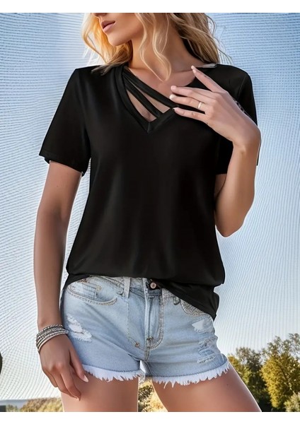 Kadın Kısa Kollu V Yaka Şerit Detay Viskon Bluz fırsatları