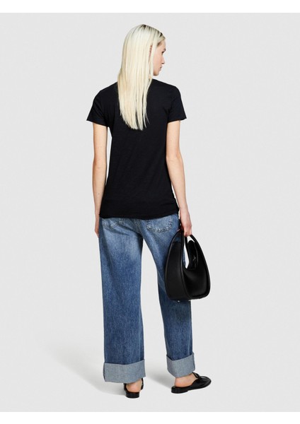 Pamuk Modal Karışımlı Normal Kalıp Bisiklet Yaka T-Shirt Kadın Siyah T-Shirt - 324P3TNHL11A2