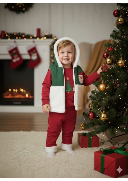 Laura Baby Peluş Detaylı Kapüşonlu Yılbaşı Yeniyıl Temalı 3'lü Erkek Bebek Takımı