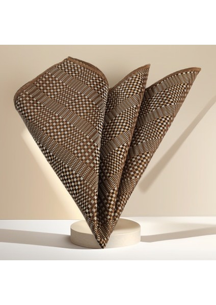 Bej Kahve Bakır Geçili Kare Desen Saten Dokuma Cep Aksesuarı Yaka Mendili