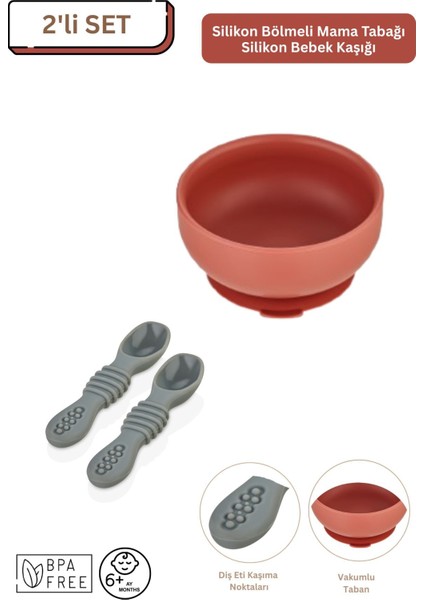 2'li Silikon Bebek Beslenme Seti / Mama Kasesi / Mama Kaşığı - Kiremit Rengi