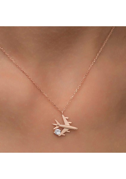 Gümüş Rose Tek Taşlı Uçak Kadın Kolye