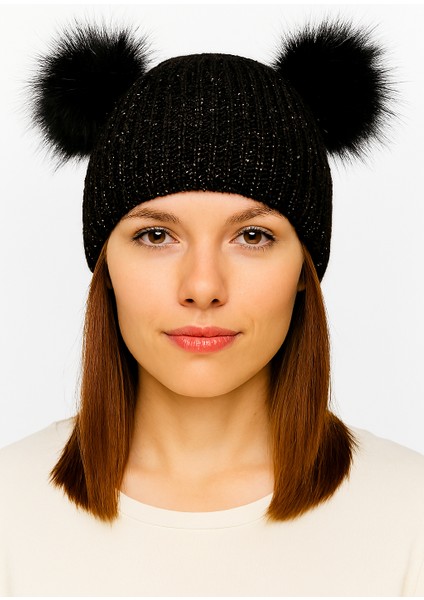 Simli Çift Ponponlu Kadın Örgü Bere Standart