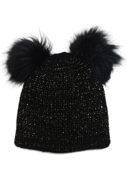 Simli Çift Ponponlu Kadın Örgü Bere Standart modelleri