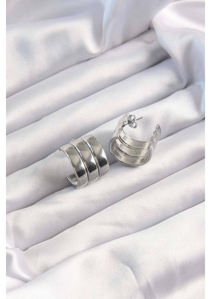 316L Çelik Gümüş Renk 3lü Görünüm Bombe Model Yarım Halka Küpe fiyatları