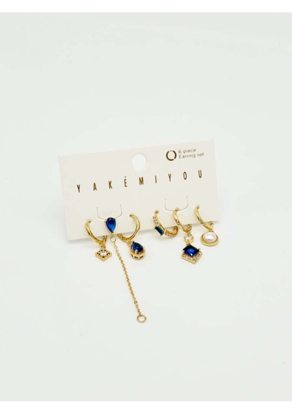 Altın Renk Parlament Mavi 6 Lı Çelik Set Küpe