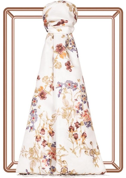 Ipekevi Desenli Ipek Şal - Çiçek Tacı Desenli - Krem Kahve