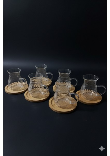 Lunero Borosilikat Cam 6’lı Çay Bardağı Seti – Bambu Tabanlı Çizgili 200 ml