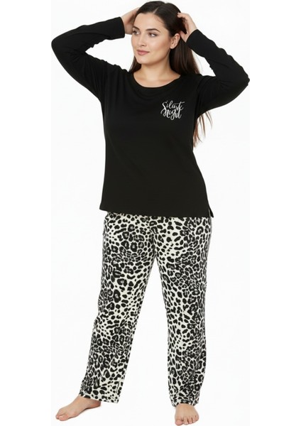 Üstü Yazılı Altı Leopar Desenli Elite Viscose Uzun Büyük Beden Pijama Takımı Siyah 3588 modelleri