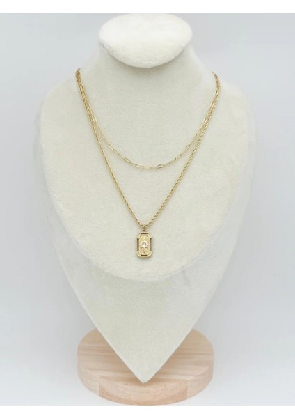 Altın Renk Çift Zincirli Madalyon Detaylı Çelik Kolye