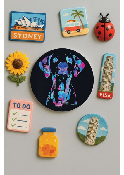 Modern ve Dekoratif Yuvarlak Buzdolabı Magneti Magnet Büyük Boy 10X10 cm - Suluboya Köpek