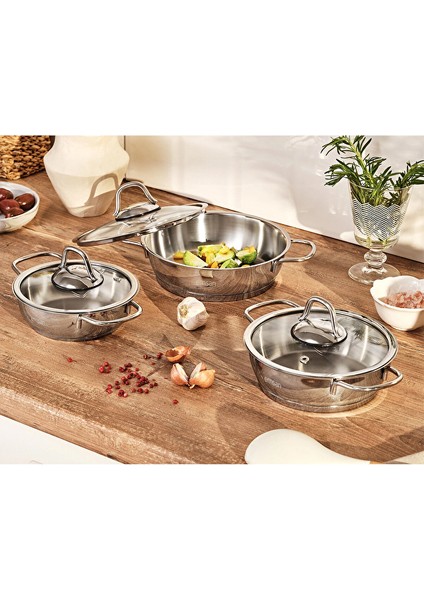 3 Adet Emsan Valeria Çelik Sahan Seti 6 Parça 14-16-18 cm