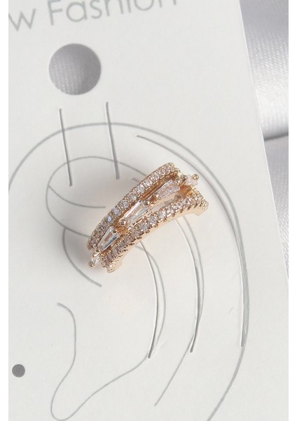 Bfs Pirinç Gold Renk Zirkon Taşlı 3'lü Sıralı Model Kadın Kıkırdak Küpe