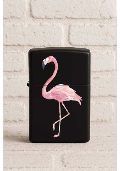 Uv Baskılı Desenli Metal Benzinli Siyah Çakmak Cep Çakmağı - Flamingo