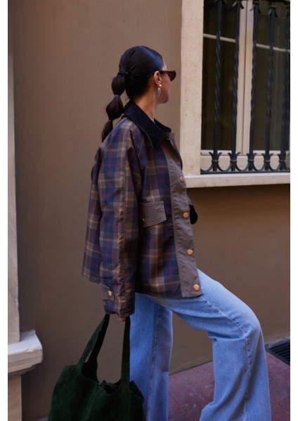 Kadın Haki Kadife Yaka Ekoseli Ceket modelleri