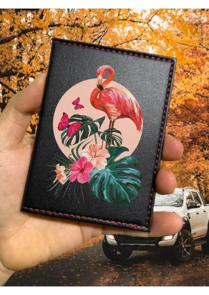Flamingo Desenli Ruhsat Kabı Logolu Oto Ruhsat Kılıfı Vinleks Deri Dikişli Araç Ruhsat Koruyucu