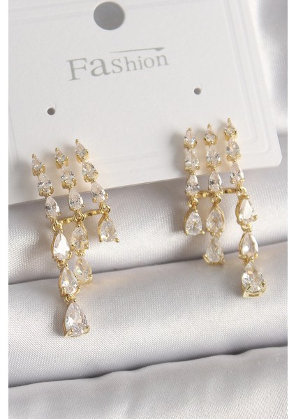 Bfs Pirinç Gold Renk Zirkon Taşlı Yağmur Model Kadın Küpe