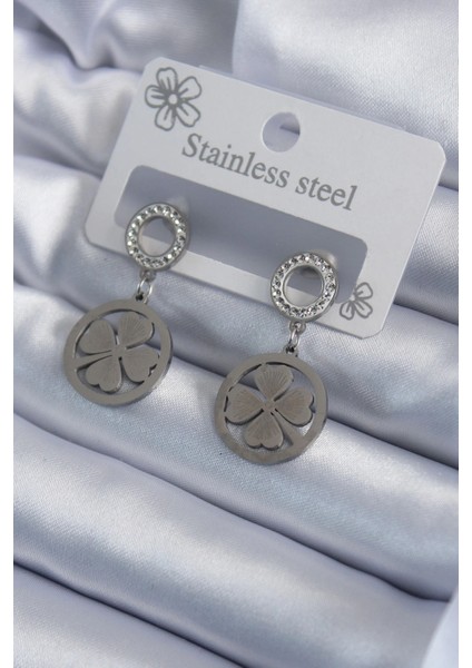 Bfs 316L Çelik Gümüş Renk Zirkon Taşlı Yonca Model Işleme Detay Kadın Küpe