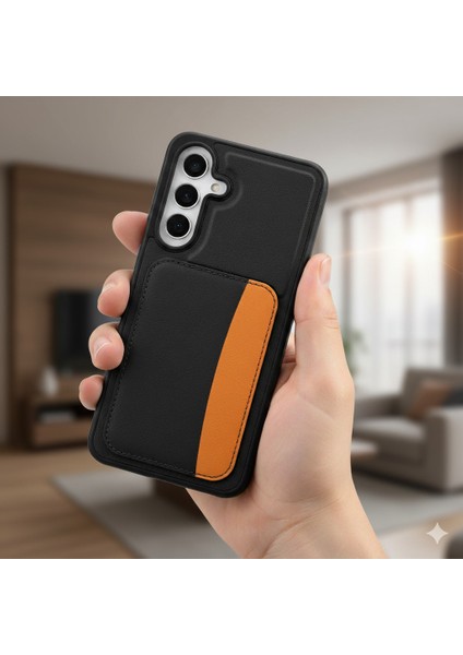 Samsung Galaxy S25 Fe Uyumlu Kılıf Çift Renkli Kartlıklı Deri Tasarımlı Cüzdan Kapak