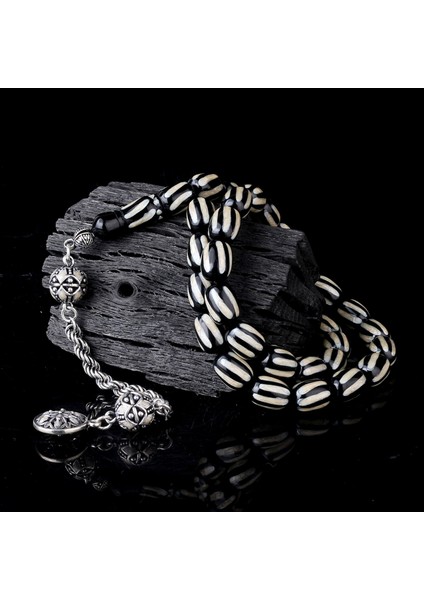 925 Ayar Gümüş Mineli Püsküllü Siyah Gri Renk Ateş Kehribar Tesbih