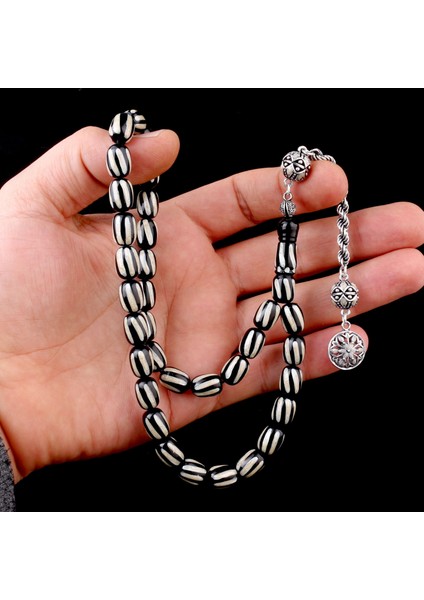 925 Ayar Gümüş Mineli Püsküllü Siyah Gri Renk Ateş Kehribar Tesbih fırsatları