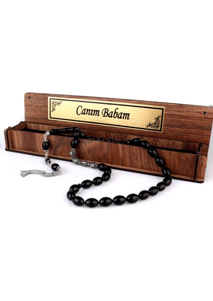 Gümüş Püsküllü Canım Babam Yazılı Ahşap Kutulu Ateş Kehribar Tesbih