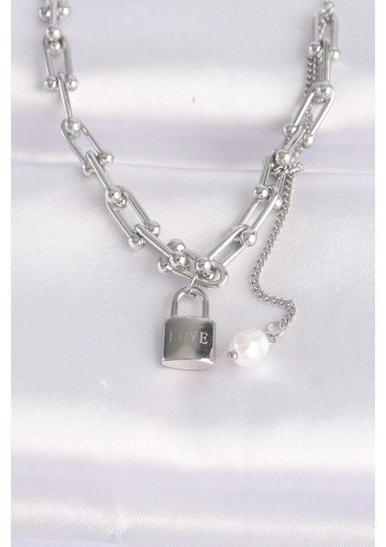 Bfs 316L Çelik Zincir Gümüş Renk Zincirli Love Yazılı Kilit Kolye