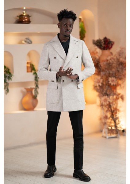 Italyan Yaka Yünlü Kruvaze Kaşe Kaban