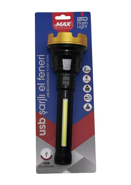 BÜYÜK=24CM 2in1= Osl LED - Cob LED USB Şarjlı El Feneri 3-Kademe Işık - Flaşör Şarj Gösterge (5324)